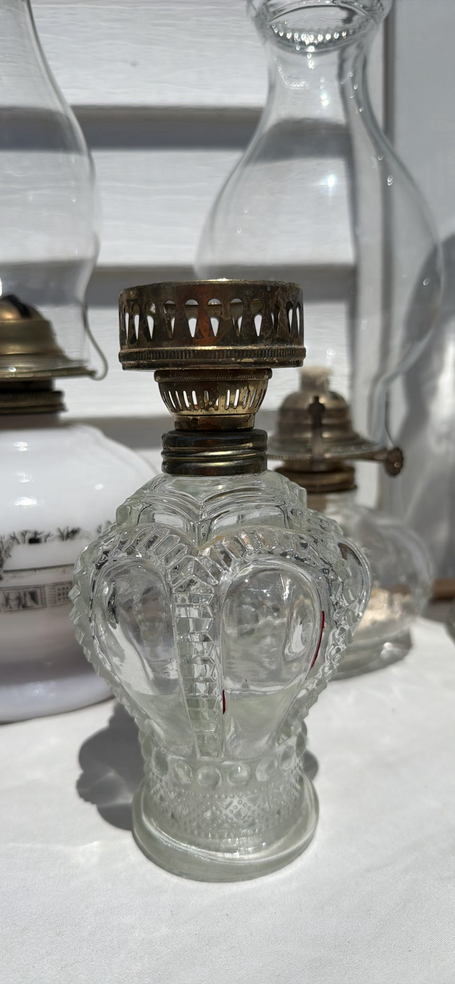 Five Vintage Glass Oil Lamps, Four Chimneys and Lamp Oil Bottle - image 7 of 21