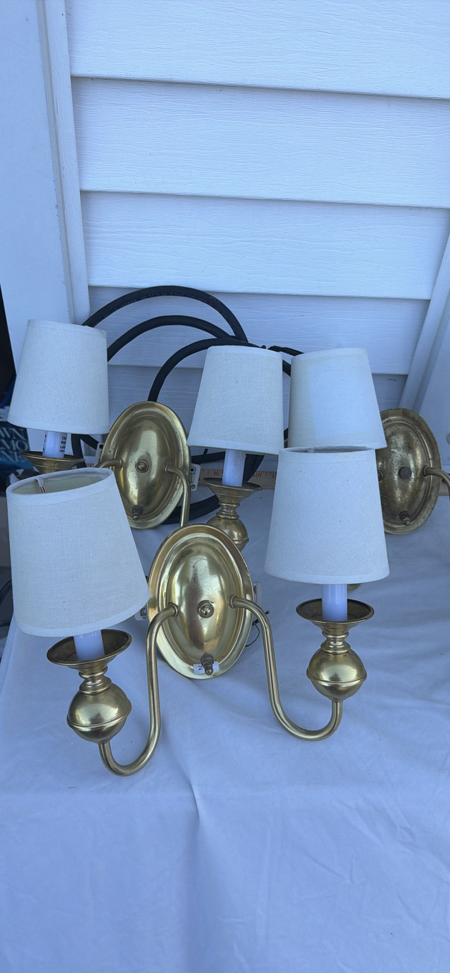 Group Of Four Brass Two-Arm Wall Sconces And Eight Sconce Shades - image 11 of 25