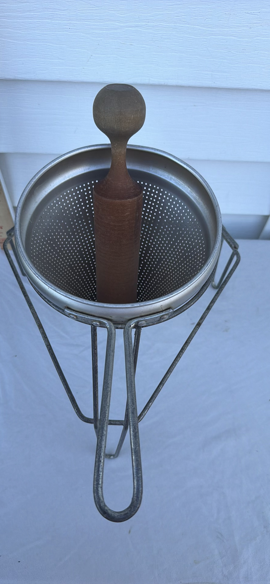 Vintage Metal Strainer with Stand and Wooden Pestle - image 2 of 4