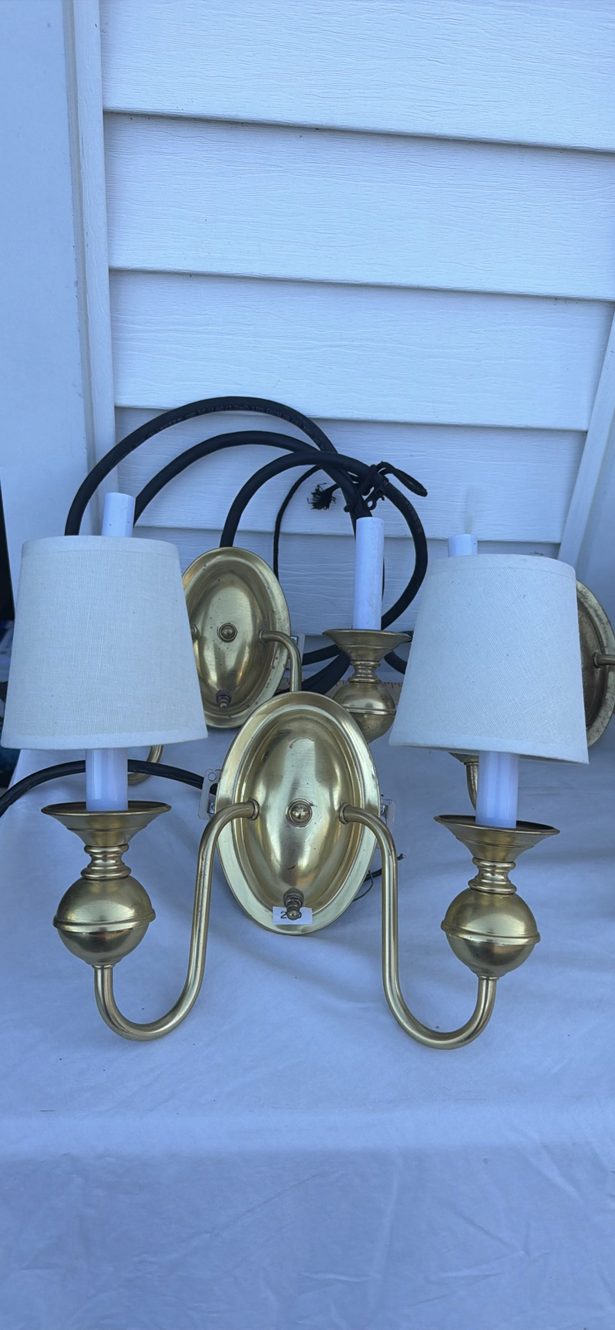 Group Of Four Brass Two-Arm Wall Sconces And Eight Sconce Shades - image 10 of 25