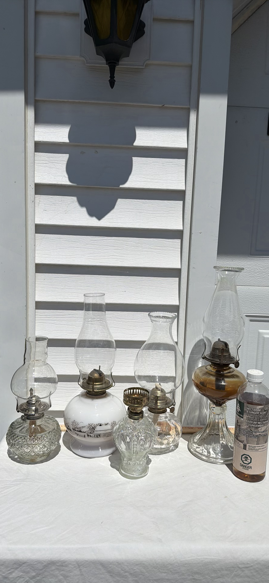 Five Vintage Glass Oil Lamps, Four Chimneys and Lamp Oil Bottle - image 2 of 21