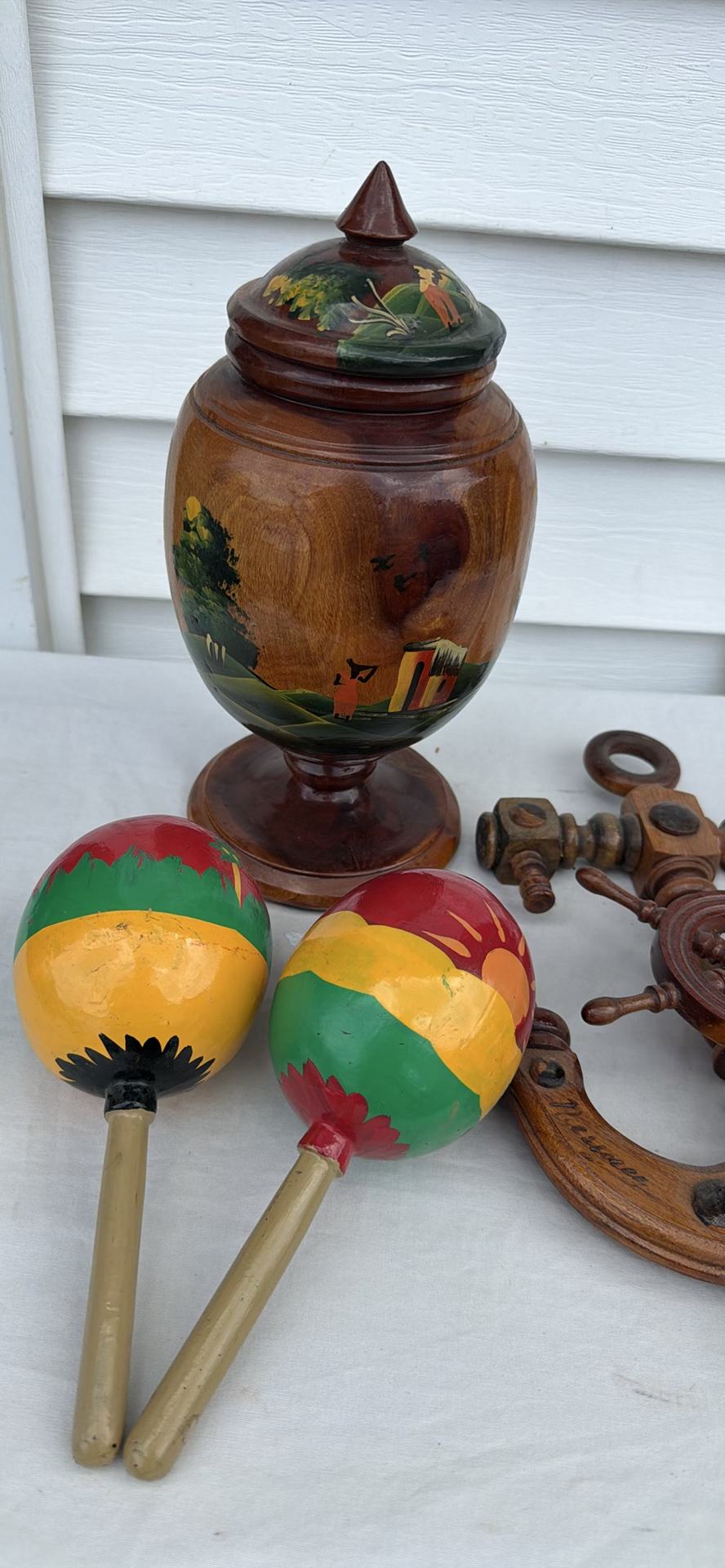 Hand-Painted Wooden Urn, Carved Anchor Wheel Decor, and Two Maracas - image 5 of 9