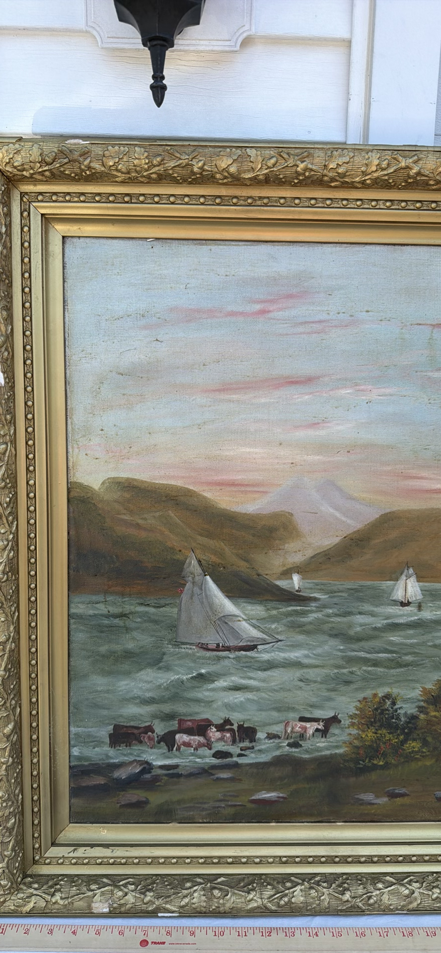 Large Antique Framed Landscape Painting with River and Sailboats - image 2 of 16
