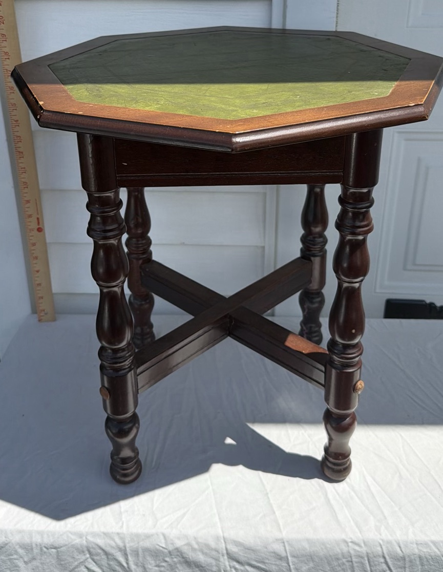 Vintage Octagonal Wooden Side Table with Green Leather Top - image 2 of 10