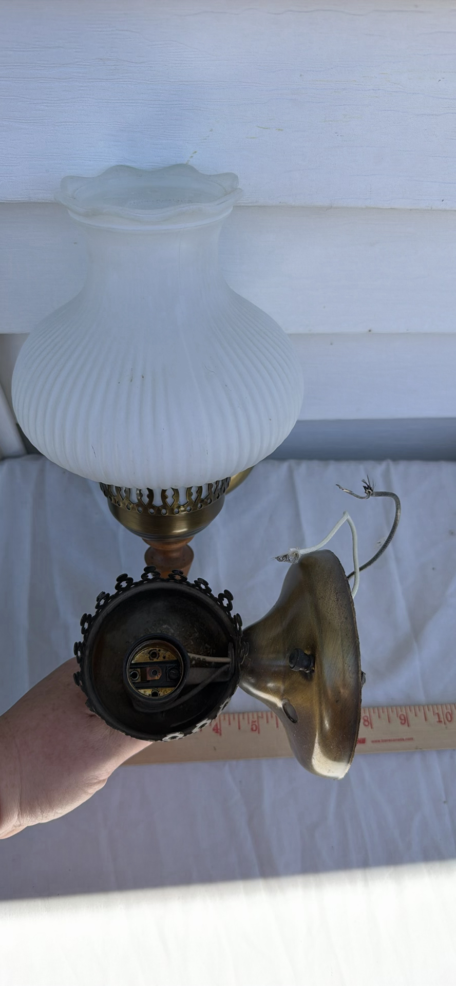 Two Vintage Frosted Glass Lamp Shades and Two Brass Wall Sconce Fixtures - image 9 of 12