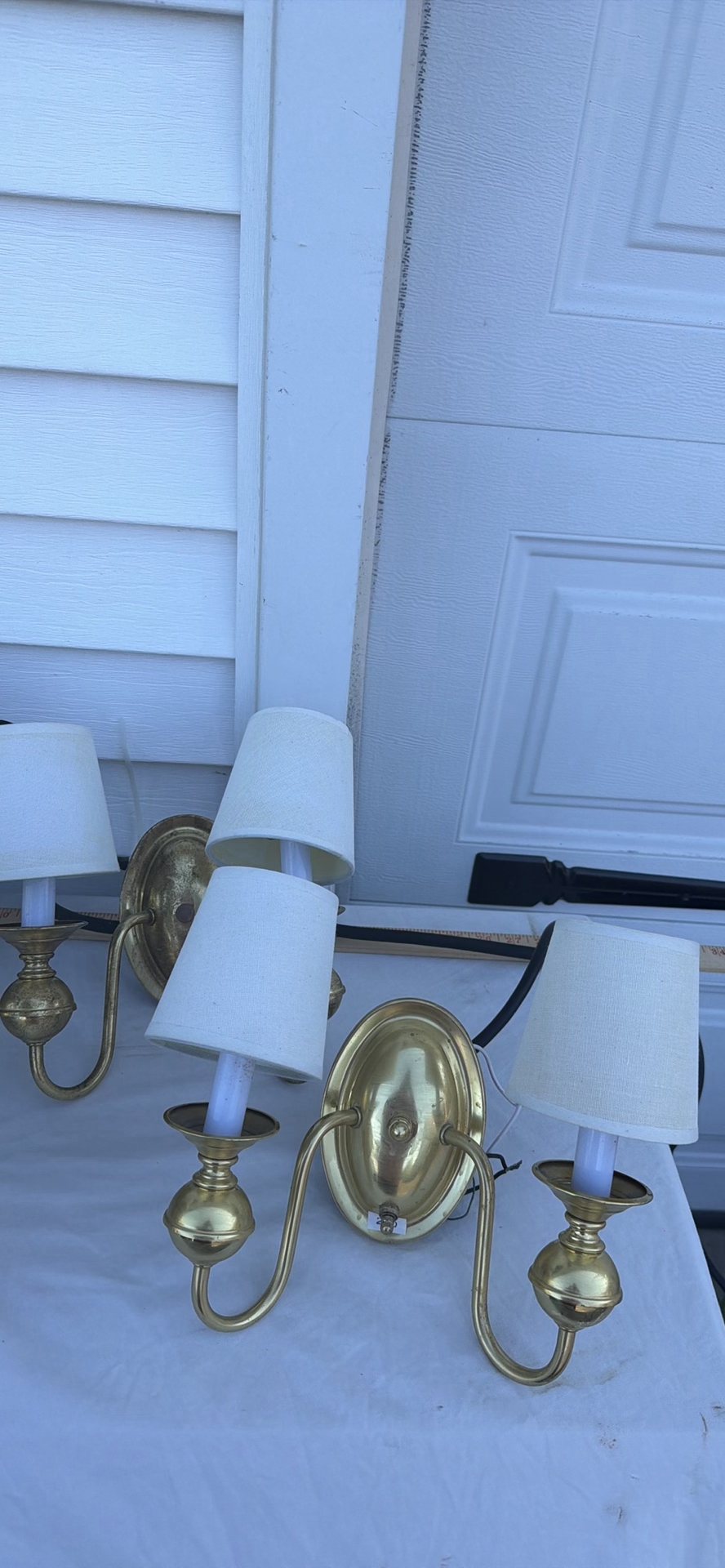 Group Of Four Brass Two-Arm Wall Sconces And Eight Sconce Shades - image 12 of 25