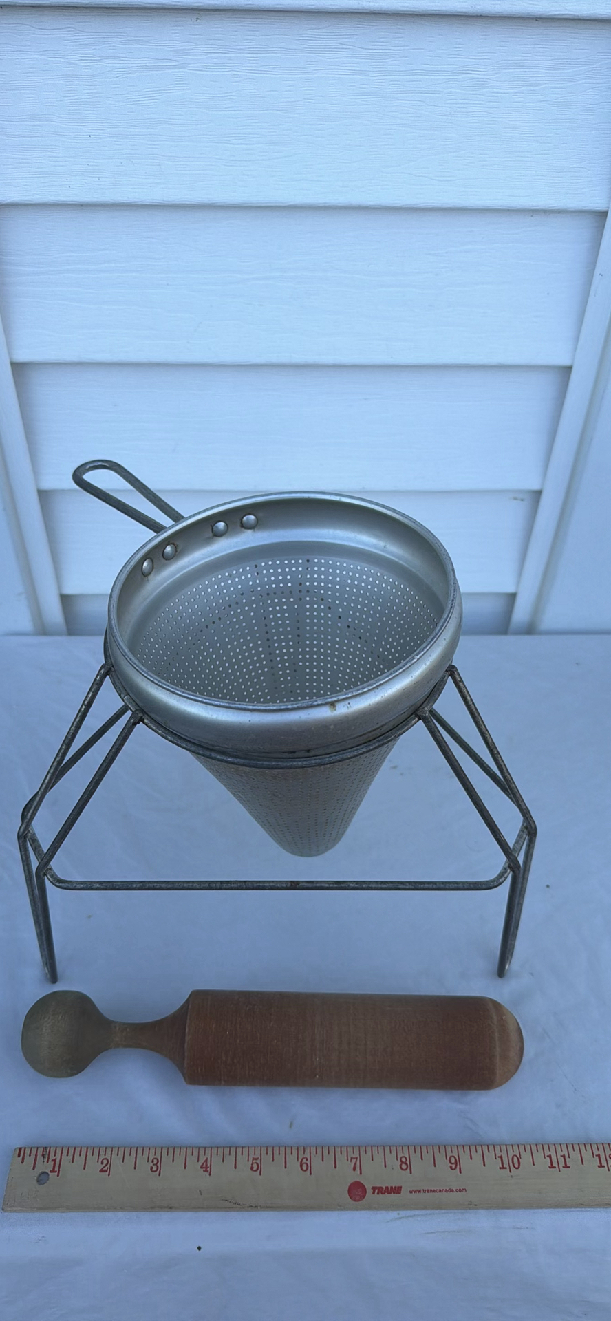 Vintage Metal Strainer with Stand and Wooden Pestle - image 4 of 4