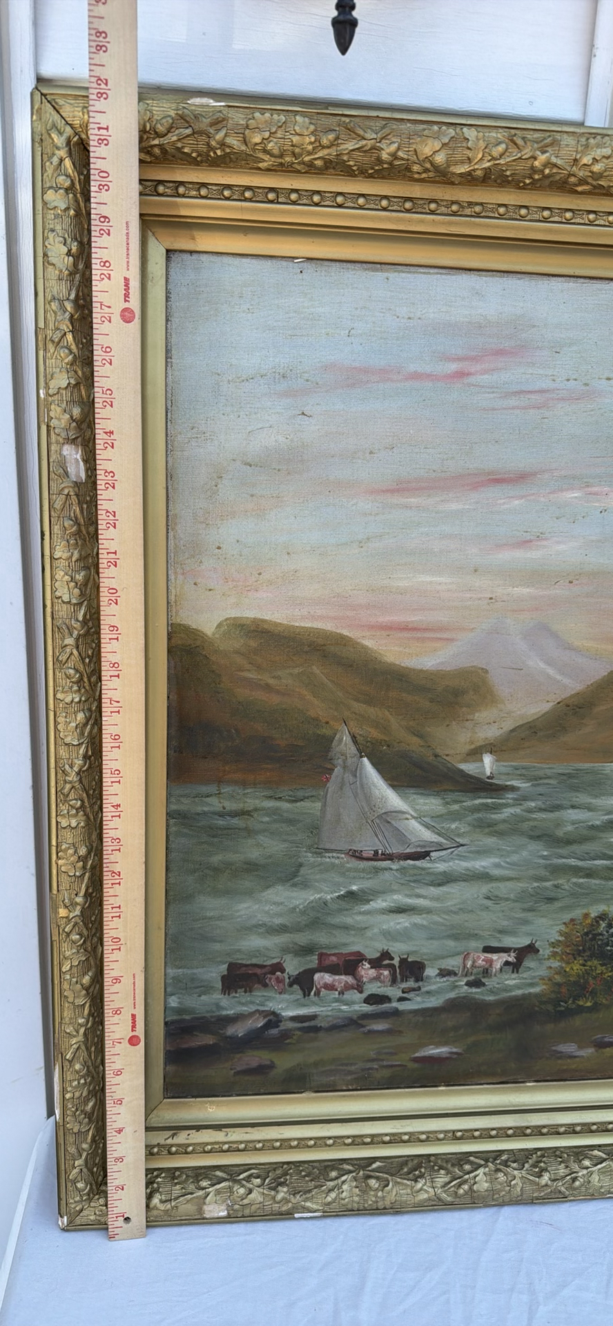 Large Antique Framed Landscape Painting with River and Sailboats - image 11 of 16
