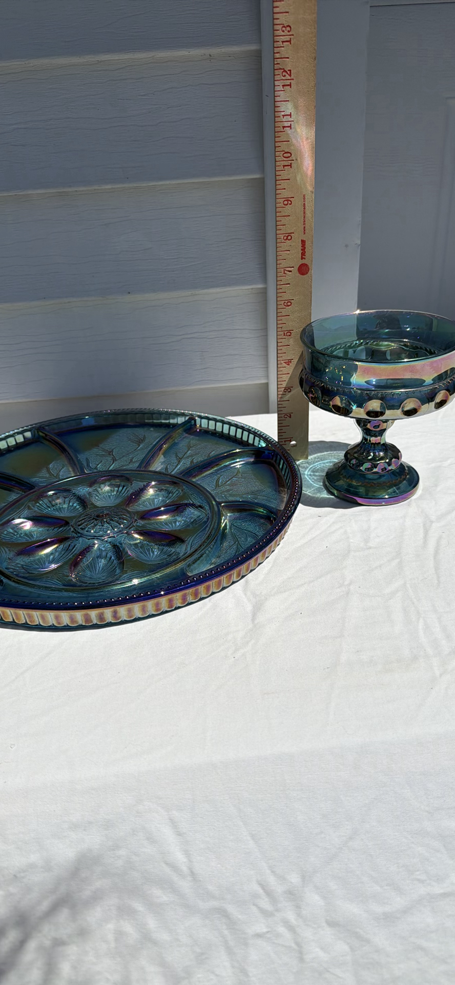Vintage Iridescent Carnival Glass Deviled Egg Relish Plate and Pedestal Bowl Set - image 11 of 12