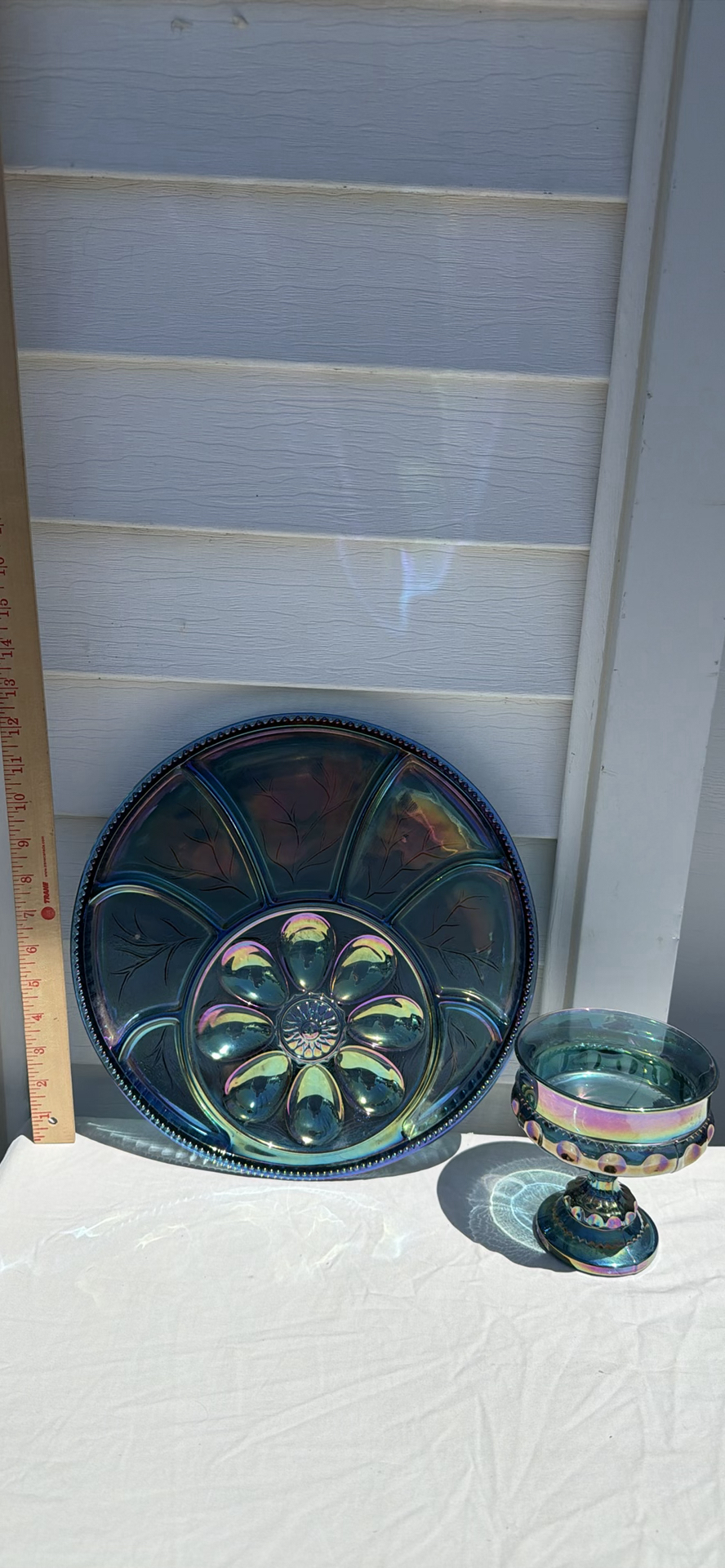 Vintage Iridescent Carnival Glass Deviled Egg Relish Plate and Pedestal Bowl Set - image 3 of 12