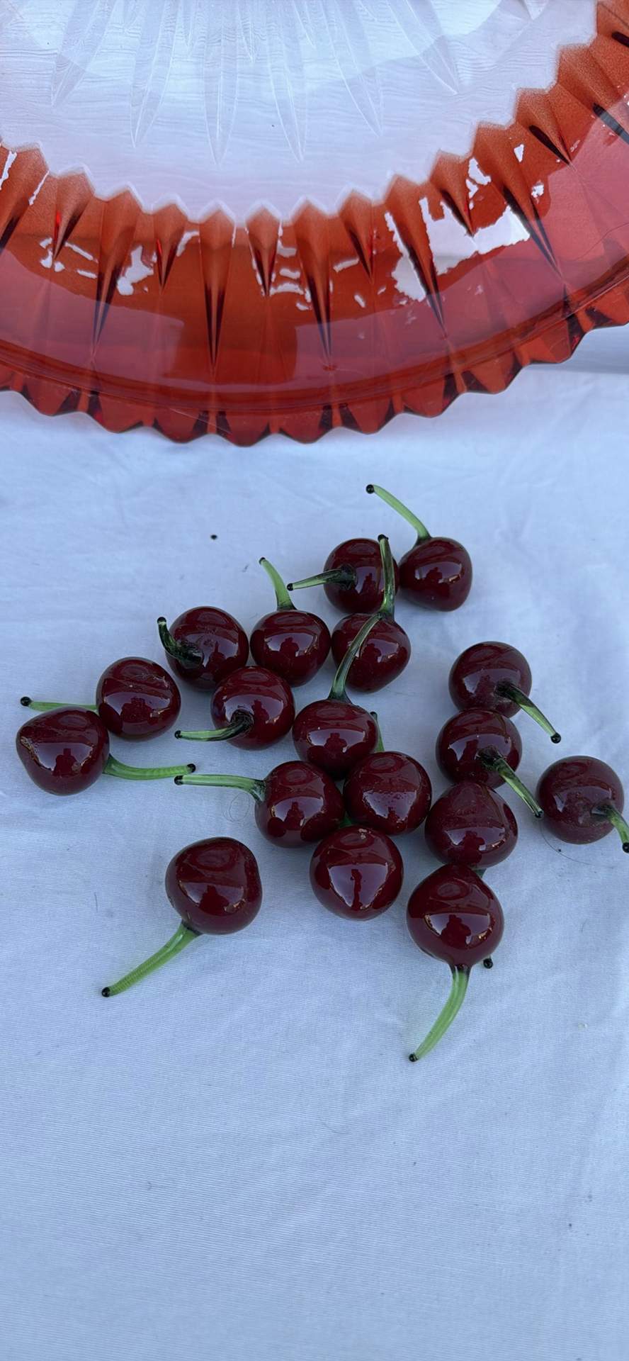 Red Glass Serving Bowl and Decorative Glass Artificial Cherries - image 5 of 9