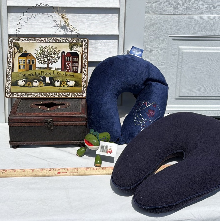 Decorative Farmhouse Sign, Wooden Tissue Box Holder, Neck Pillows, Frog Figurine, and Ruler - image 3 of 10