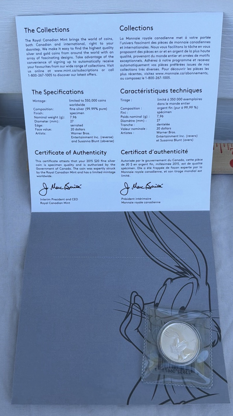 2015 Royal Canadian Mint Bugs Bunny $20 Fine Silver Coin with Packaging - image 3 of 8