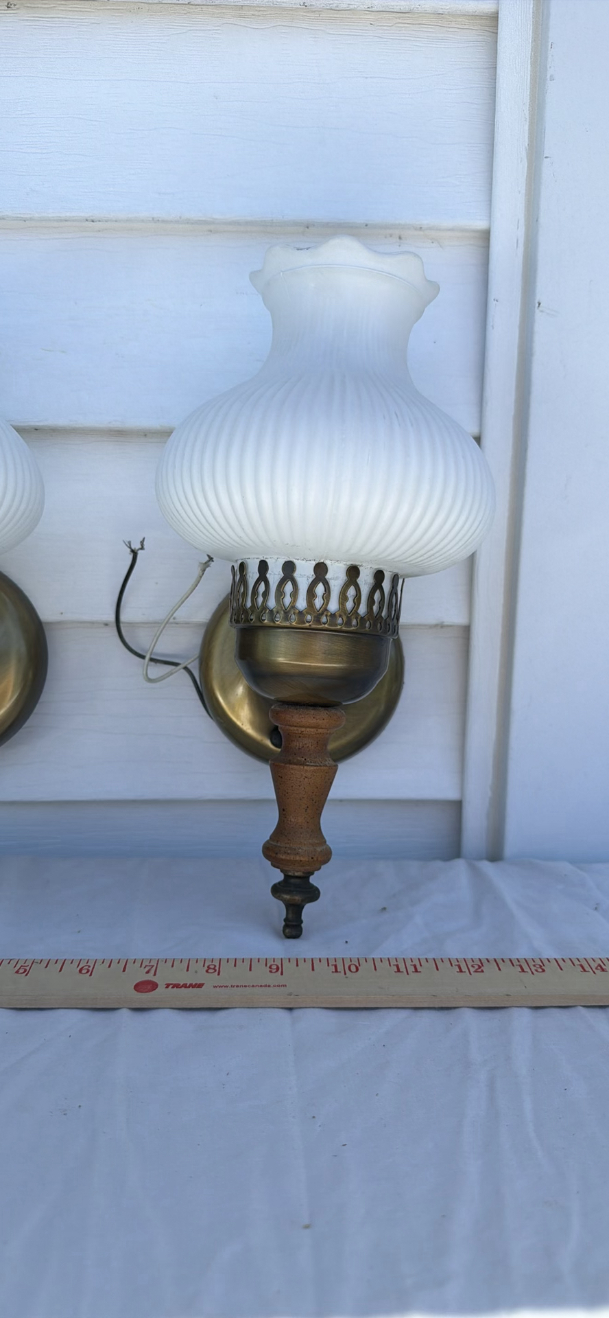 Two Vintage Frosted Glass Lamp Shades and Two Brass Wall Sconce Fixtures - image 12 of 12