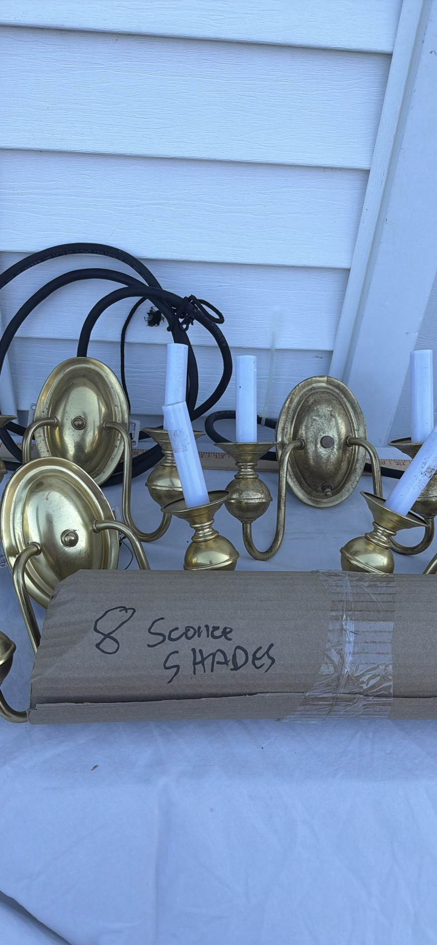 Group Of Four Brass Two-Arm Wall Sconces And Eight Sconce Shades - image 7 of 25