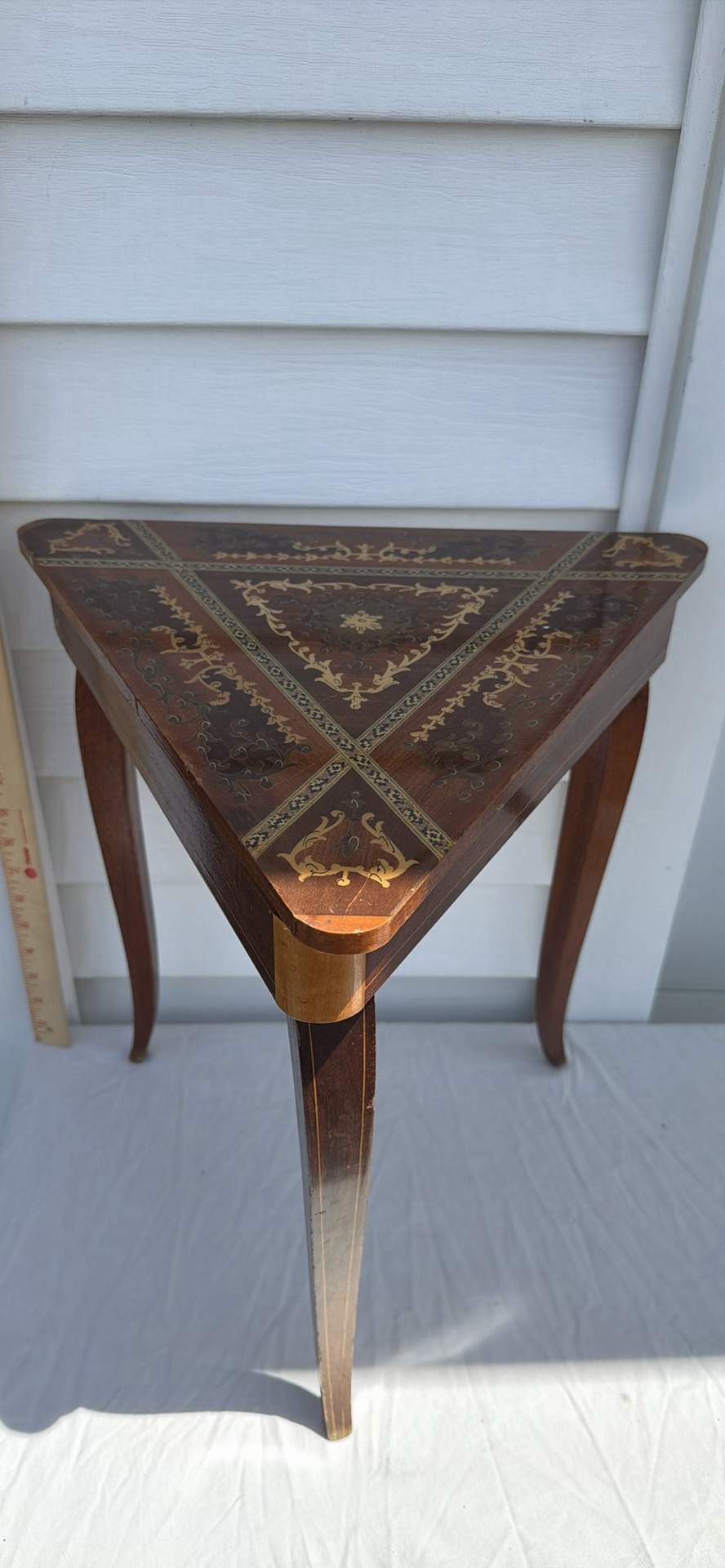 Vintage Triangular Inlaid Wooden Side Table with Hinged Top - image 2 of 8