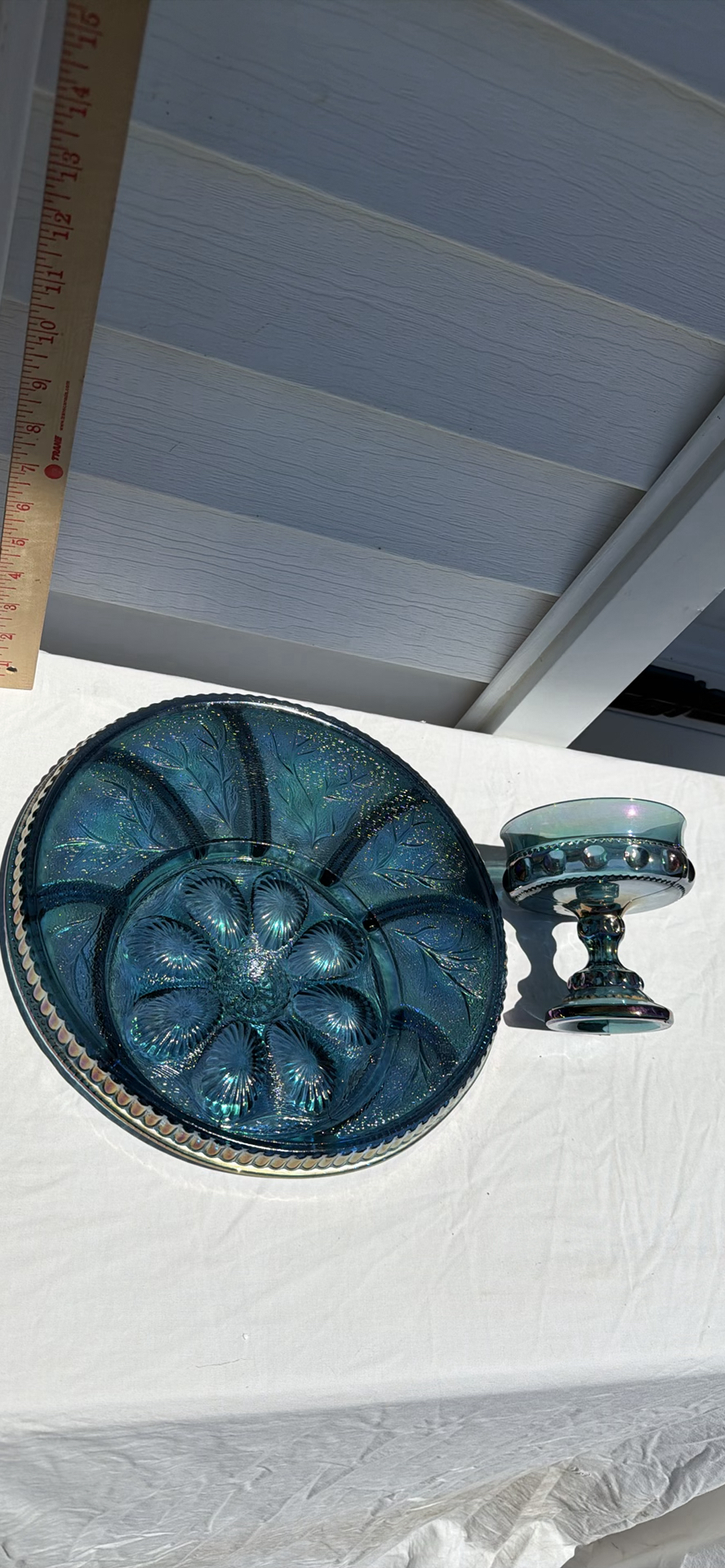 Vintage Iridescent Carnival Glass Deviled Egg Relish Plate and Pedestal Bowl Set - image 7 of 12