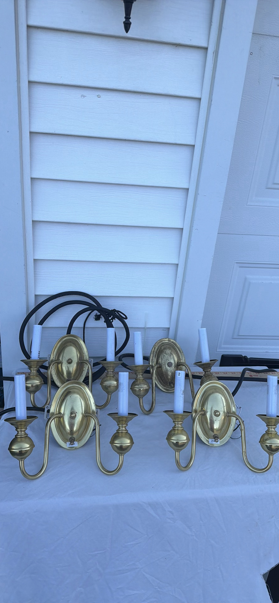 Group Of Four Brass Two-Arm Wall Sconces And Eight Sconce Shades - image 3 of 25