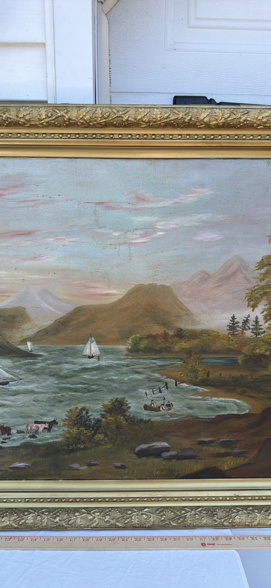 Large Antique Framed Landscape Painting with River and Sailboats - image 3 of 16