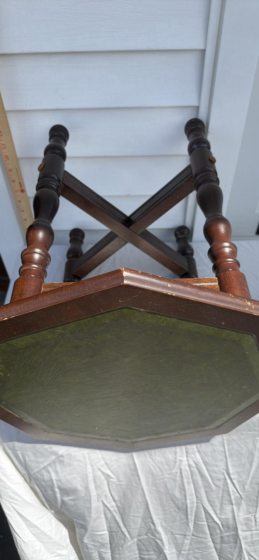 Vintage Octagonal Wooden Side Table with Green Leather Top - image 6 of 10