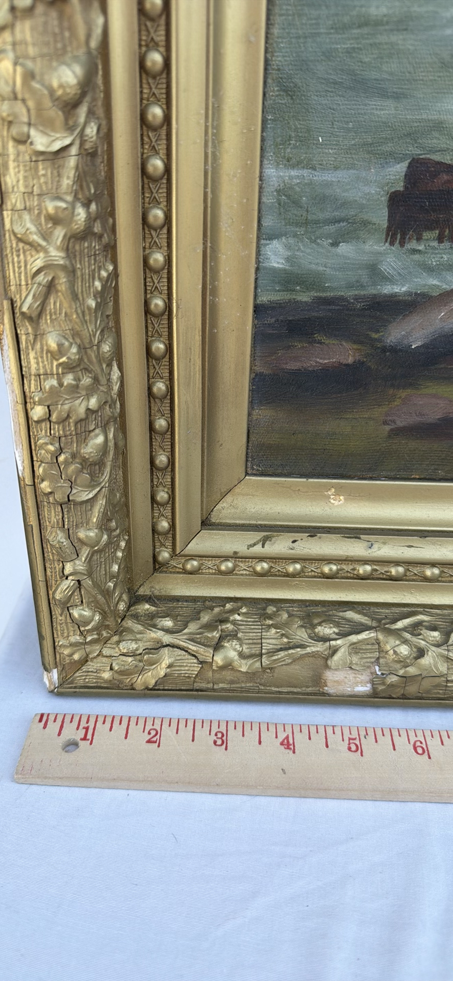 Large Antique Framed Landscape Painting with River and Sailboats - image 7 of 16
