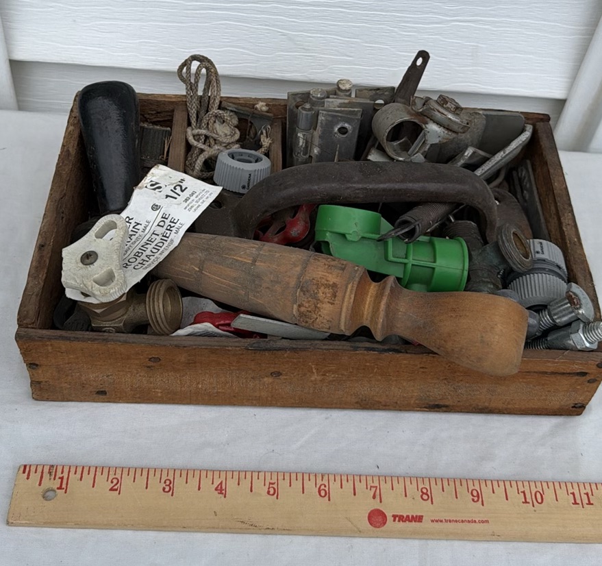 Vintage Wooden Box with Assorted Vintage Hardware and Tool Parts - image 1 of 8