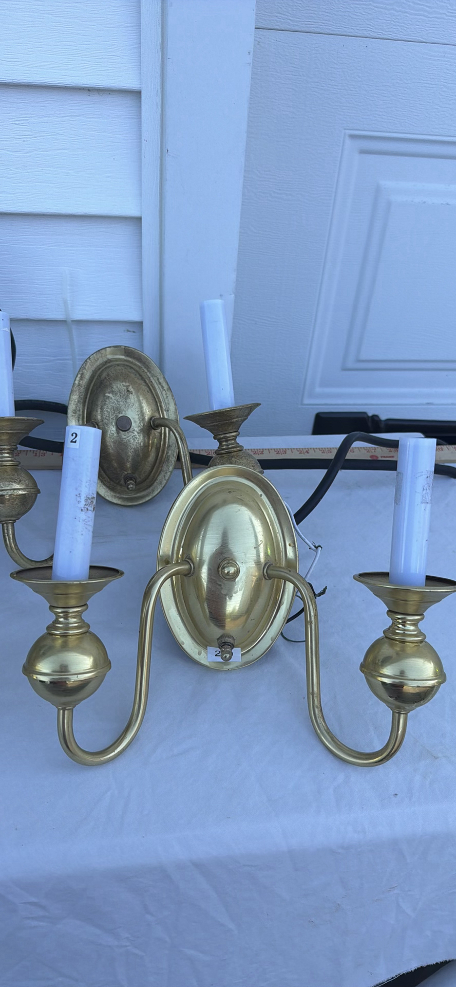 Group Of Four Brass Two-Arm Wall Sconces And Eight Sconce Shades - image 5 of 25