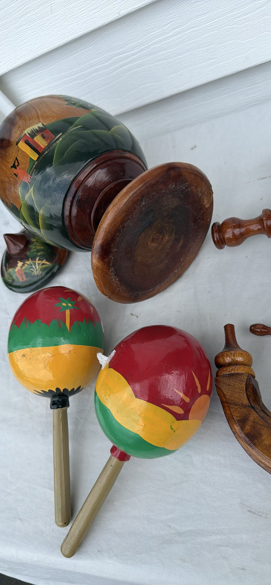 Hand-Painted Wooden Urn, Carved Anchor Wheel Decor, and Two Maracas - image 9 of 9