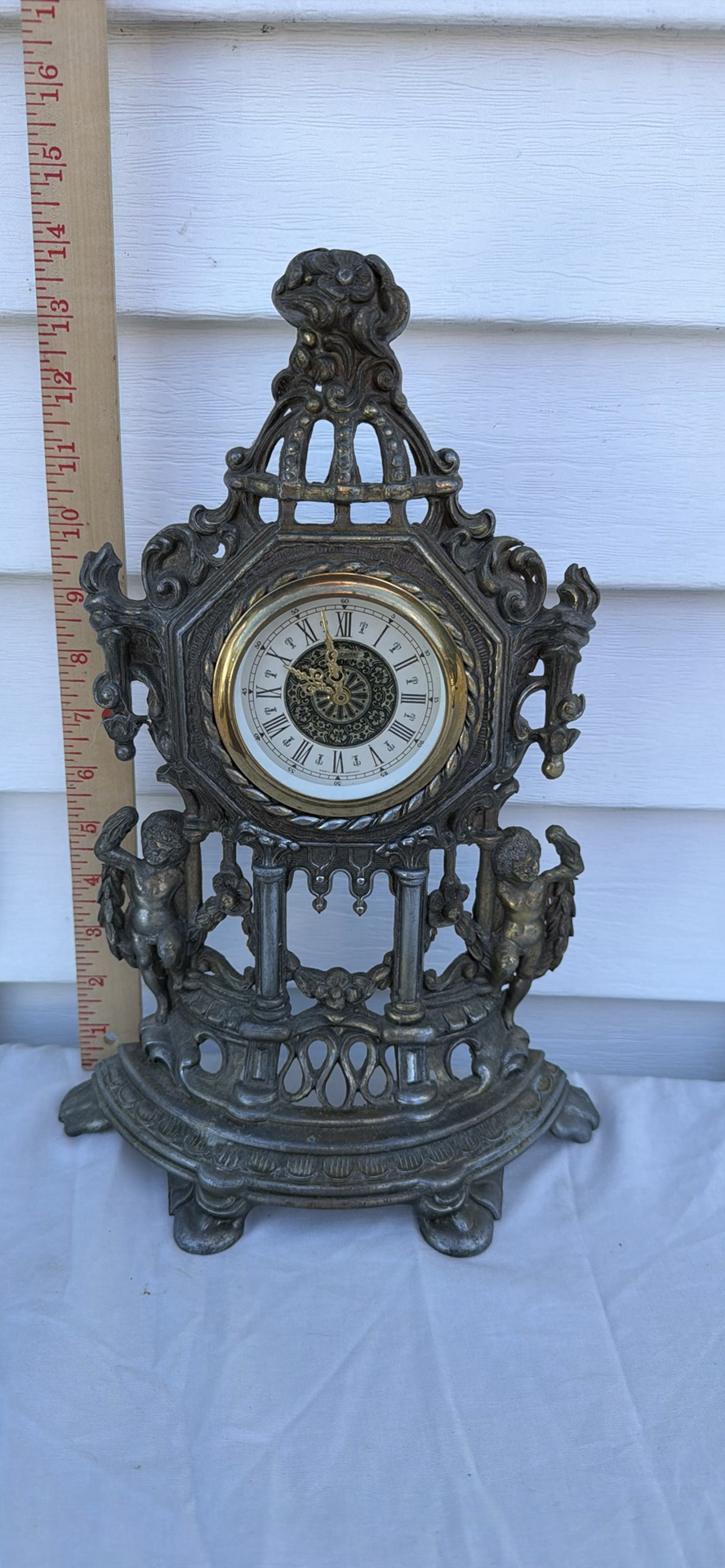 Ornate Vintage Metal Mantel Clock with Cherub Figures - image 1 of 7
