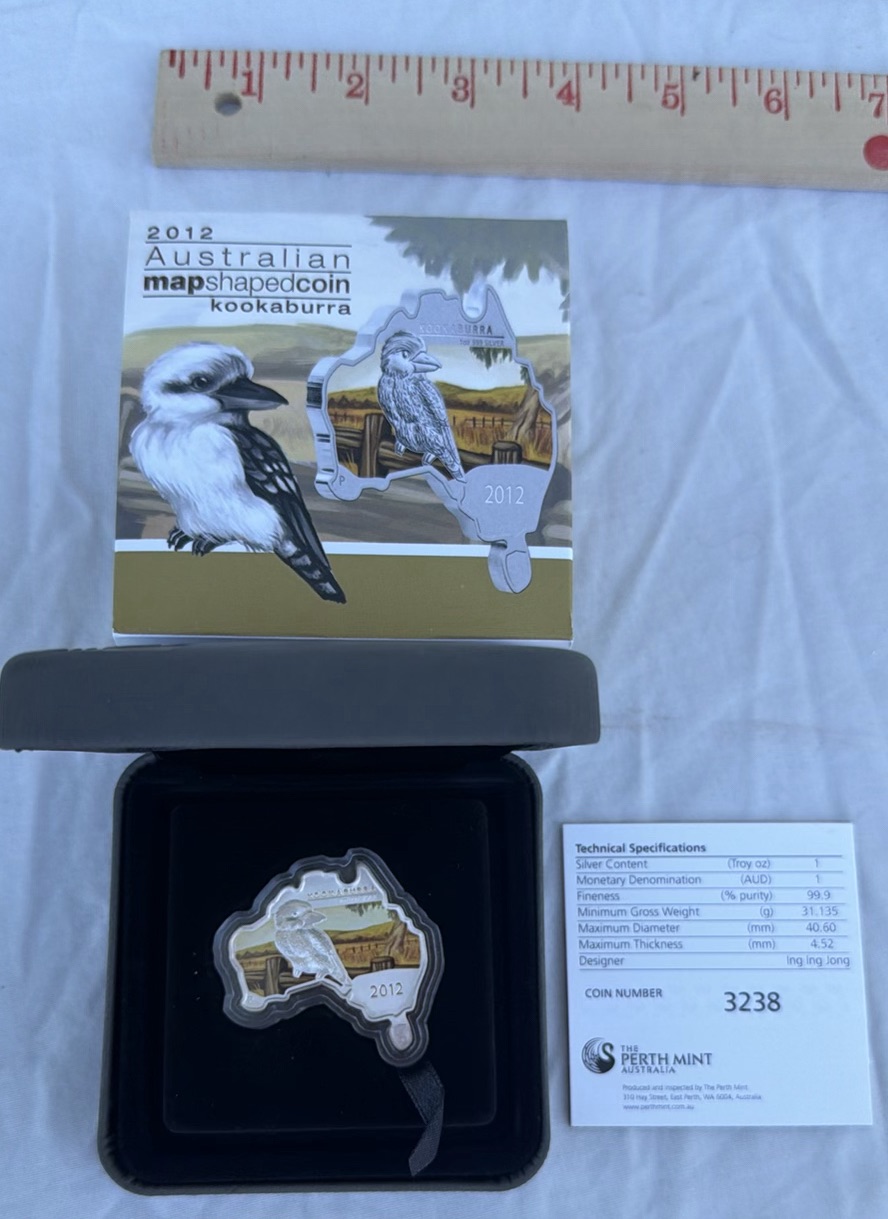 2012 Perth Mint Australian Map-Shaped Kookaburra 1 oz Silver Coin with Packaging - image 1 of 9
