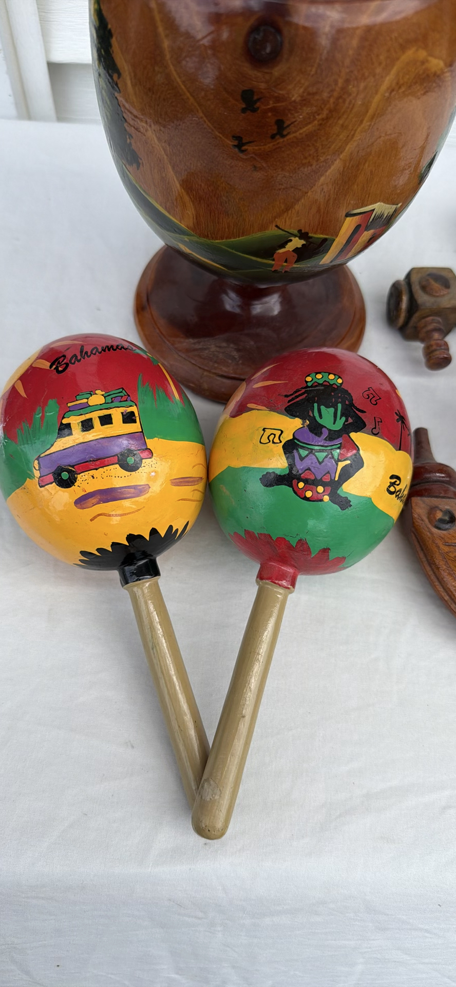 Hand-Painted Wooden Urn, Carved Anchor Wheel Decor, and Two Maracas - image 4 of 9