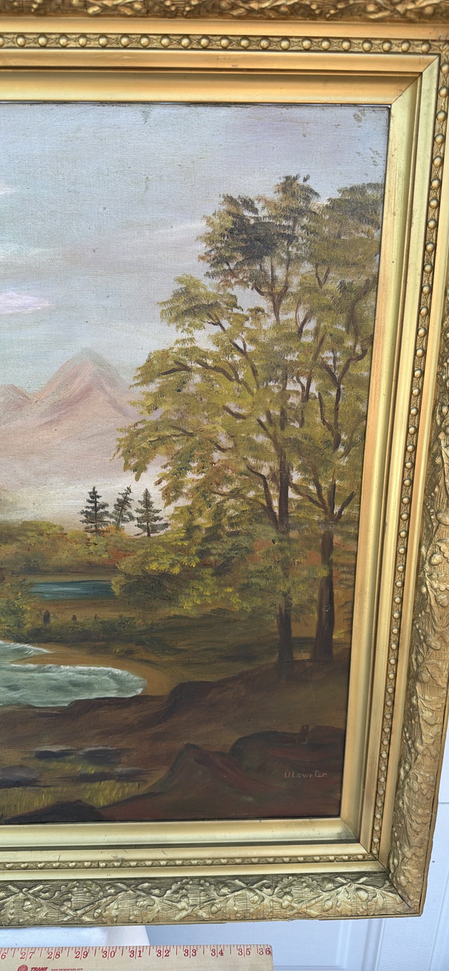 Large Antique Framed Landscape Painting with River and Sailboats - image 4 of 16