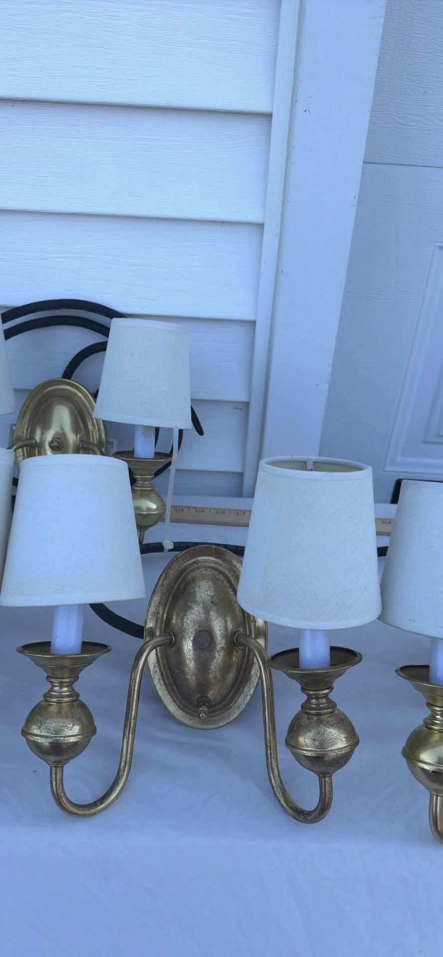 Group Of Four Brass Two-Arm Wall Sconces And Eight Sconce Shades - image 15 of 25