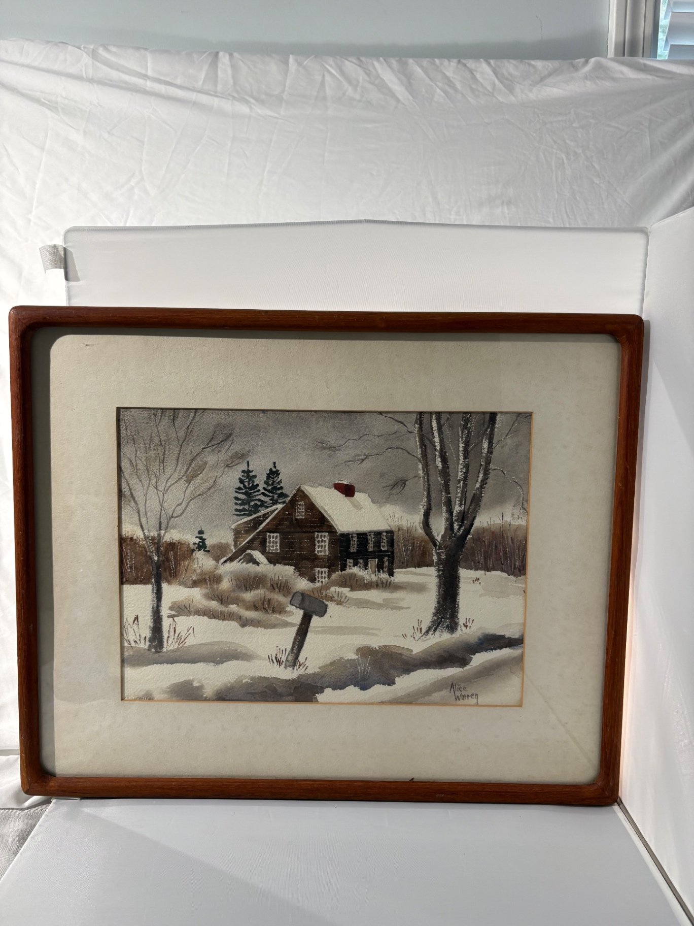Vintage Winter Scene Watercolor, signed Alice Warren - image 1 of 4