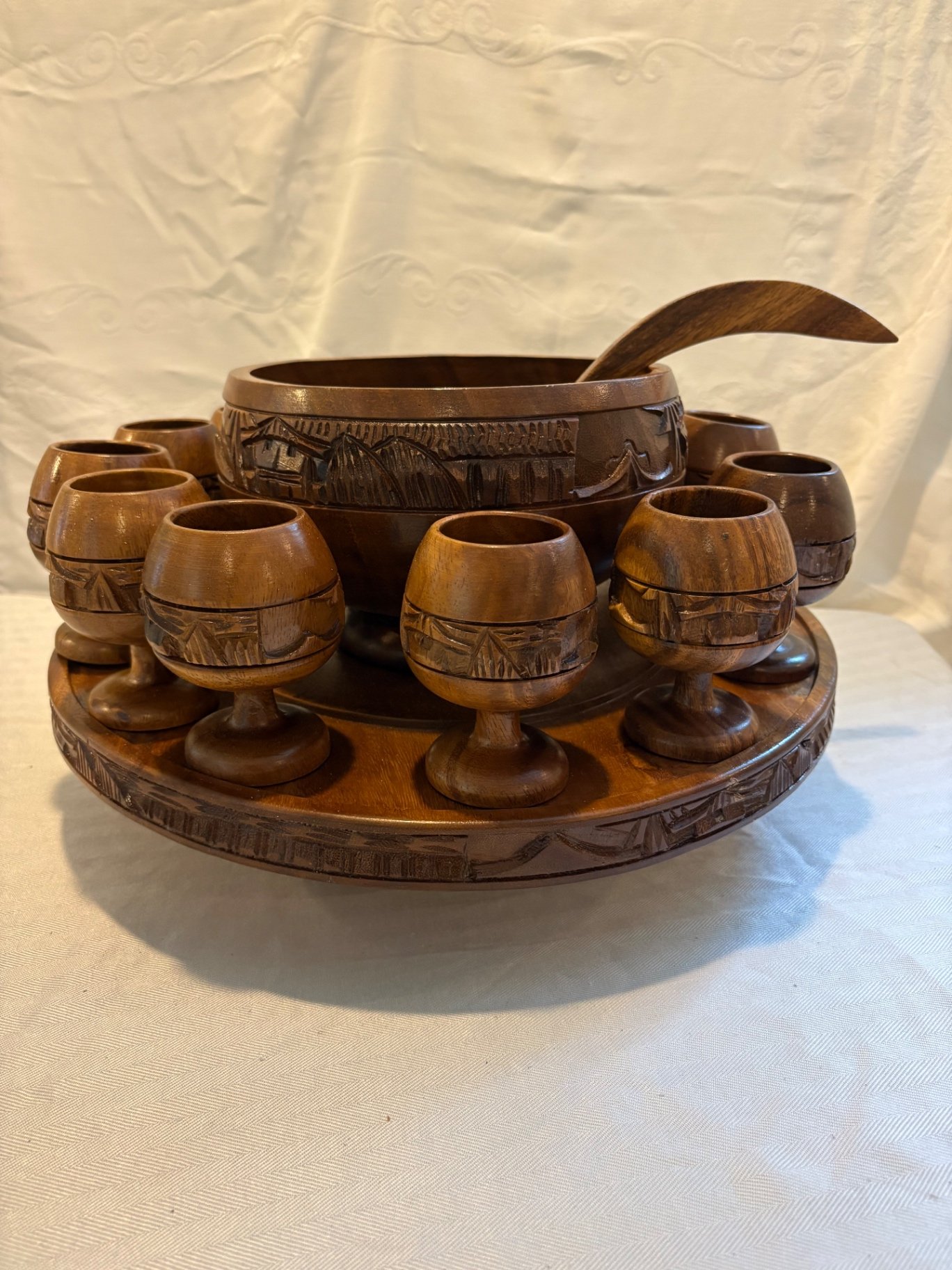 Tiki Style Monkey Pod Wooden Carved Punch Bowl Set  - image 1 of 6