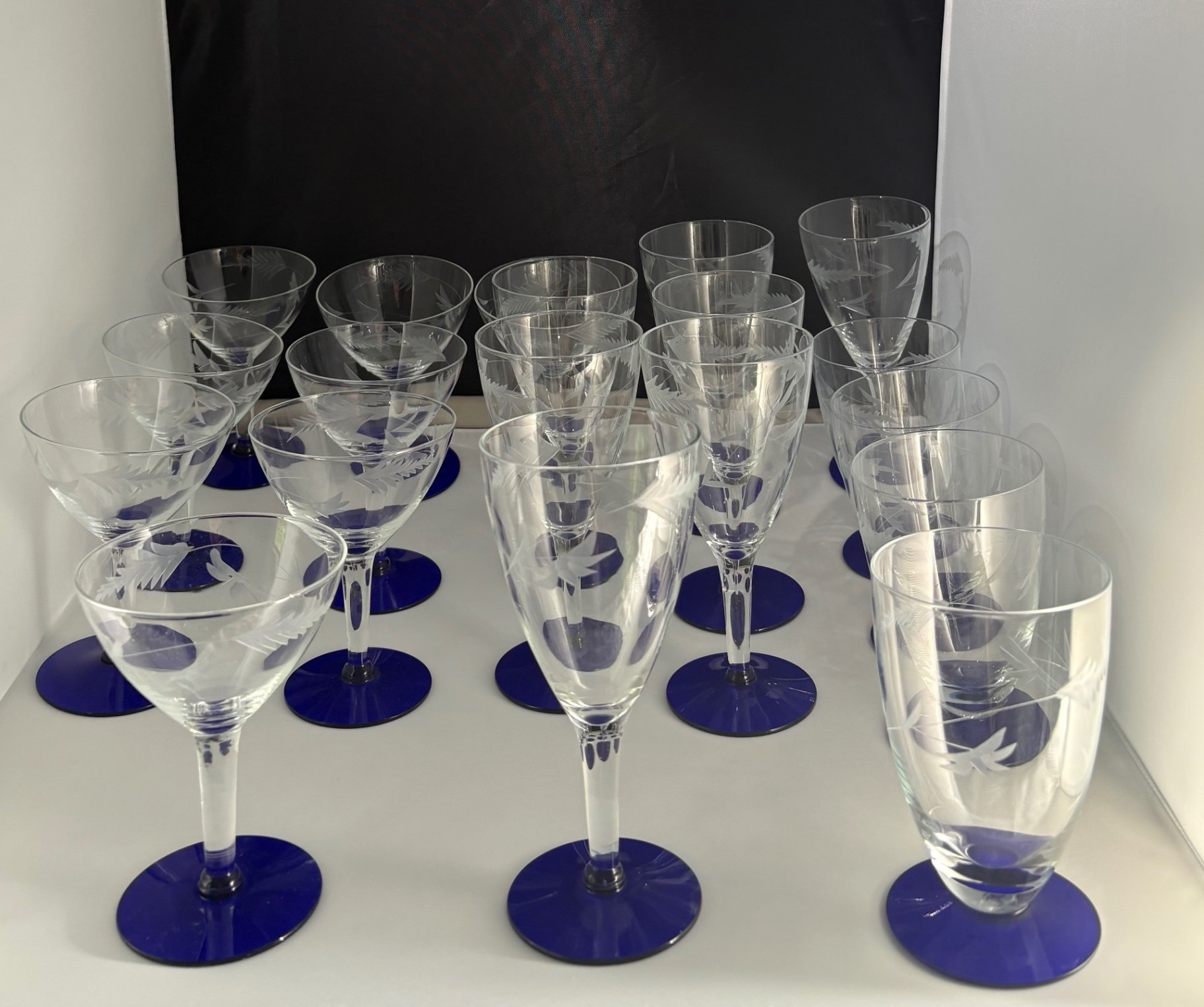 1930s Vintage Louie 19 Weston Etched Glass Cobalt Blue Base Glasses - image 1 of 4