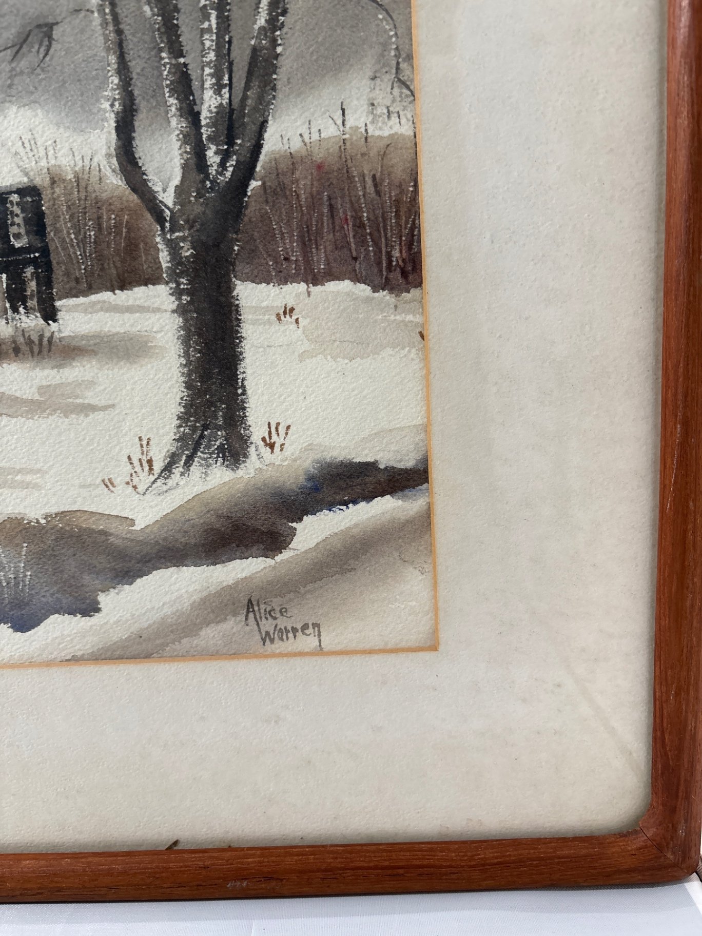 Vintage Winter Scene Watercolor, signed Alice Warren - image 3 of 4