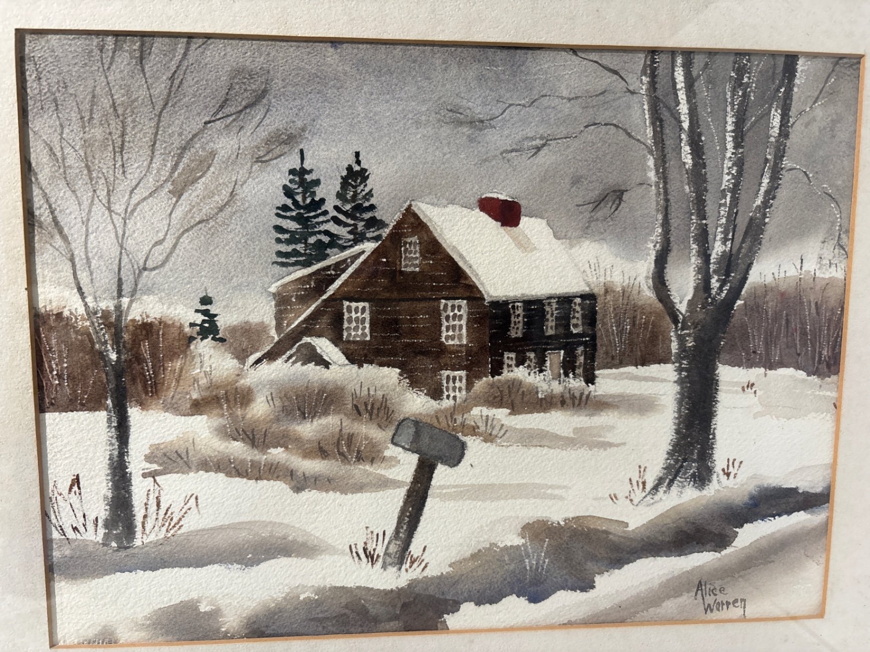 Vintage Winter Scene Watercolor, signed Alice Warren - image 2 of 4