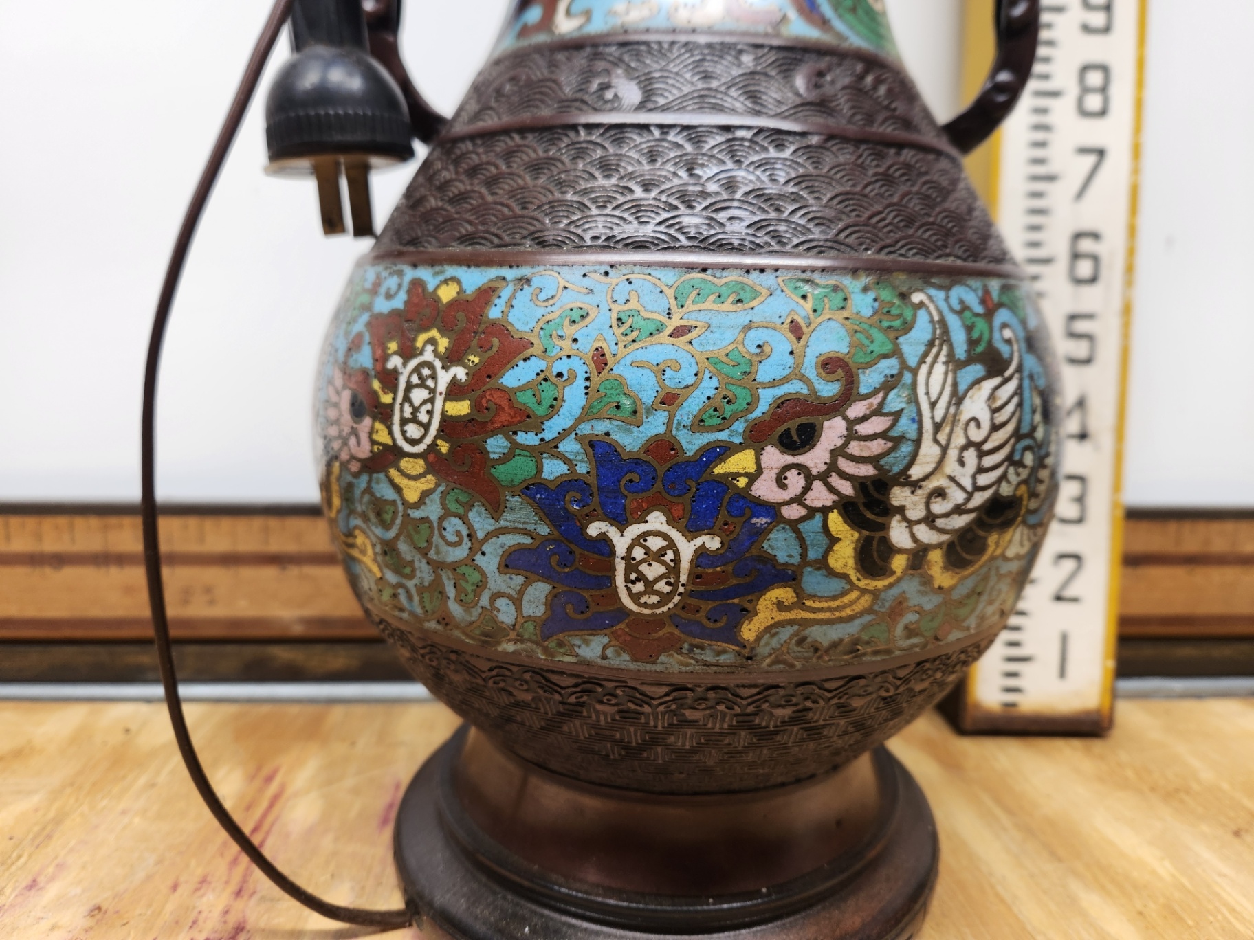 Antique Cloisonne Champleve Enamel Lamp With Figural Handles - image 6 of 11
