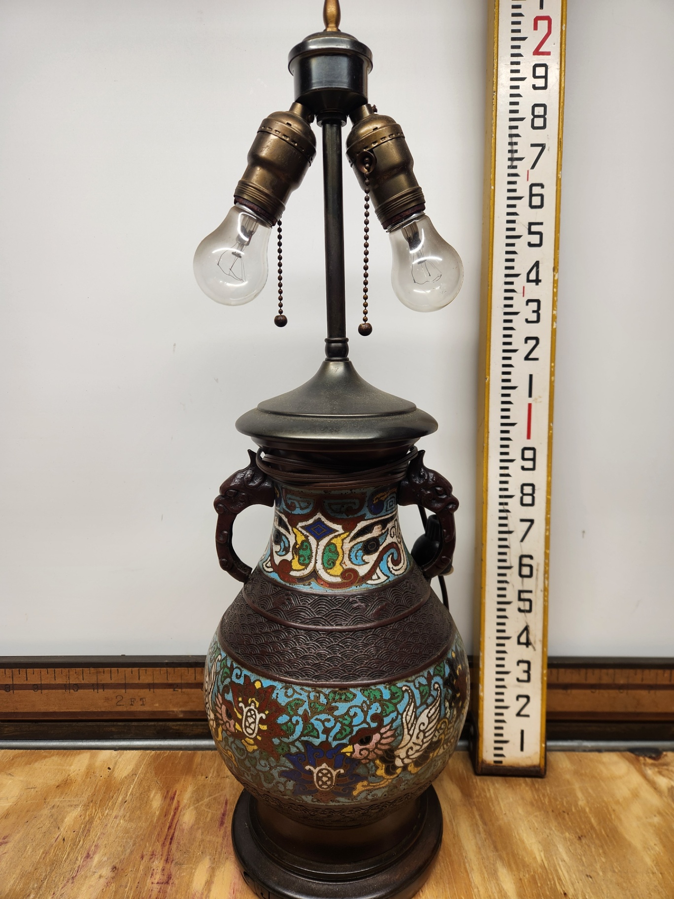 Antique Cloisonne Champleve Enamel Lamp With Figural Handles - image 2 of 11