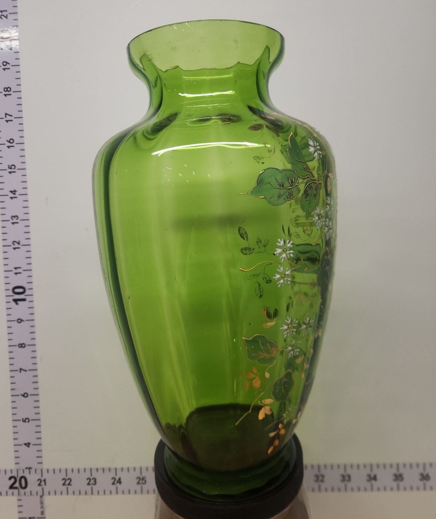 VICTORIAN ERA FLORAL GILDED ENAMEL GREEN BOHEMIAN OPTIC ART GLASS VASE - image 4 of 8