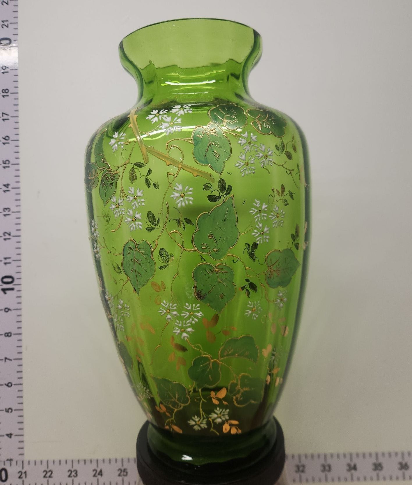 VICTORIAN ERA FLORAL GILDED ENAMEL GREEN BOHEMIAN OPTIC ART GLASS VASE - image 3 of 8