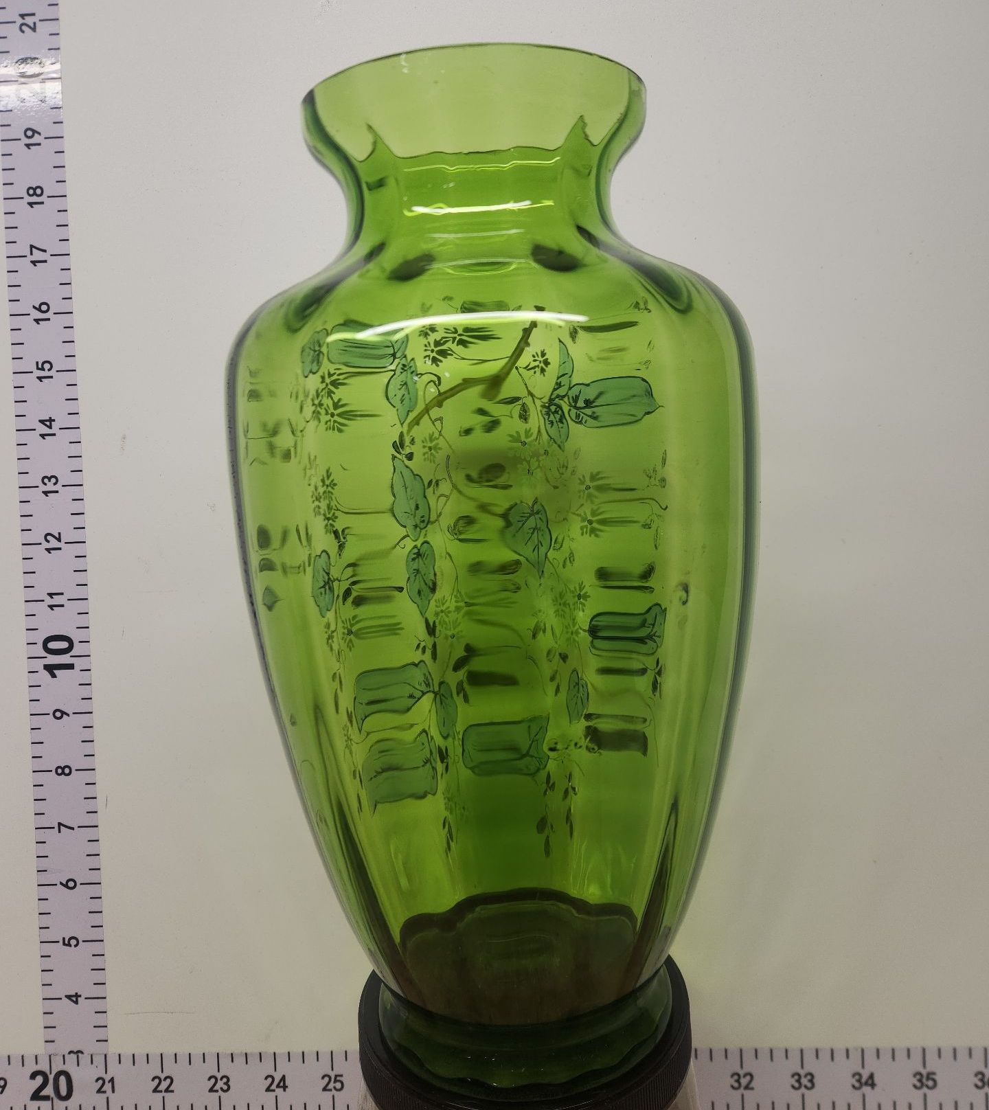 VICTORIAN ERA FLORAL GILDED ENAMEL GREEN BOHEMIAN OPTIC ART GLASS VASE - image 5 of 8