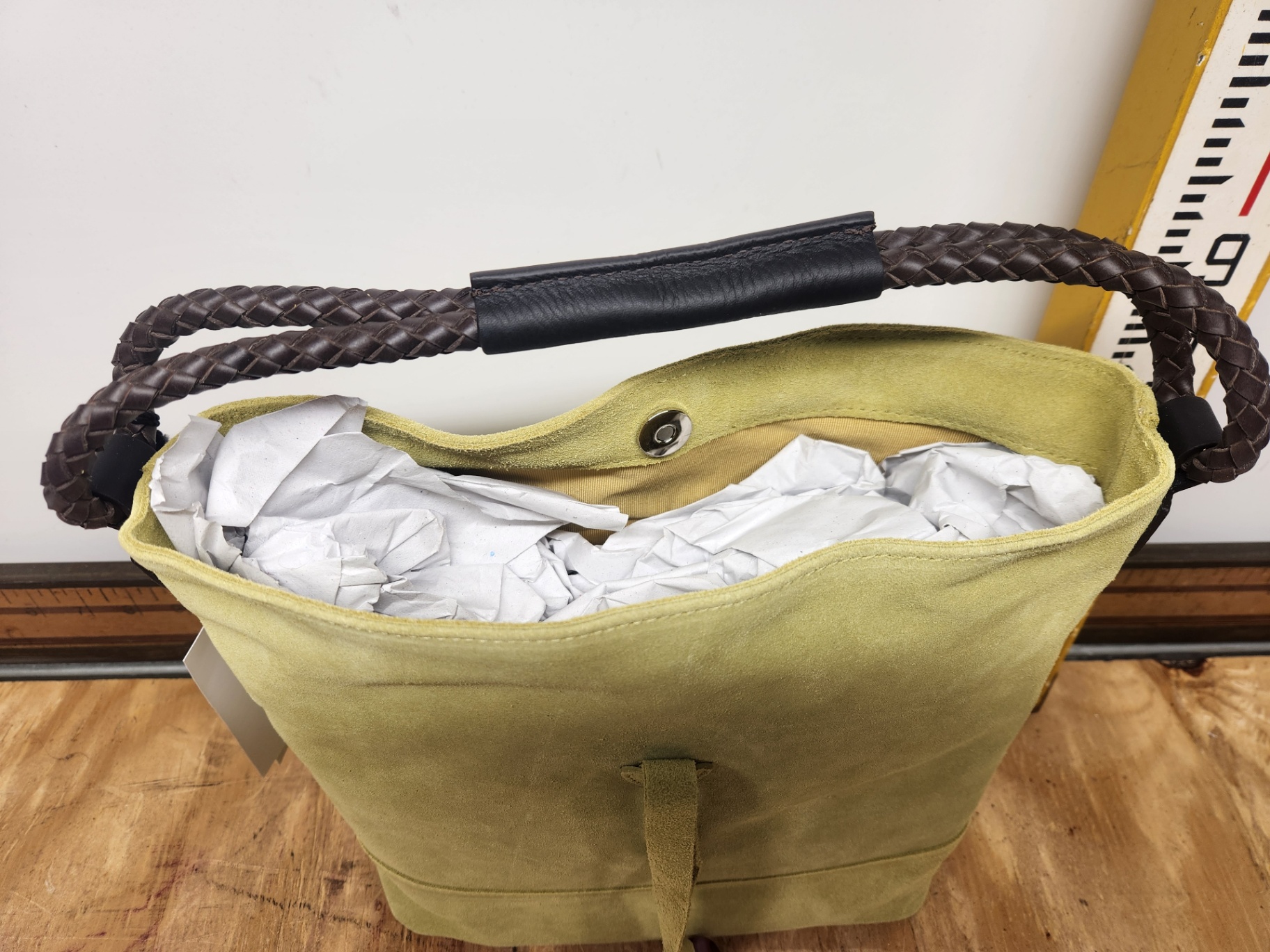 Uno Alla Volta Lime Green Florentine Suede Bucket Bag - image 5 of 9