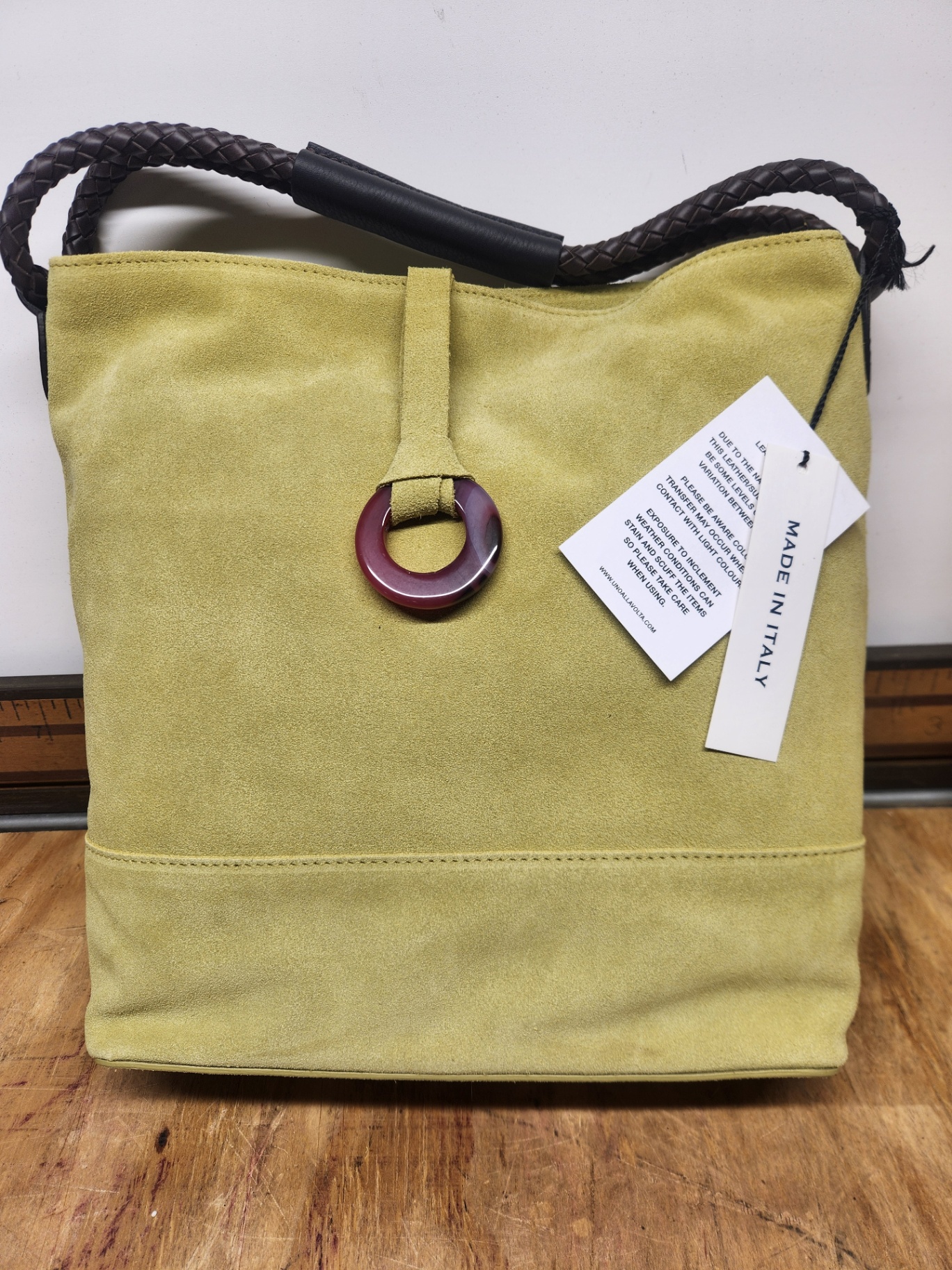 Uno Alla Volta Lime Green Florentine Suede Bucket Bag - image 1 of 9