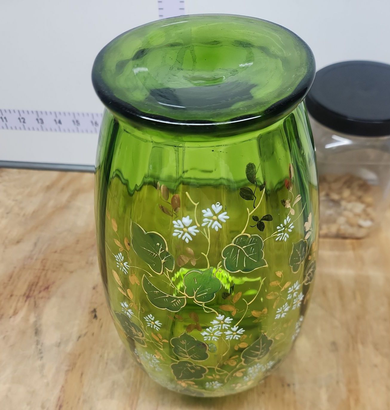 VICTORIAN ERA FLORAL GILDED ENAMEL GREEN BOHEMIAN OPTIC ART GLASS VASE - image 8 of 8