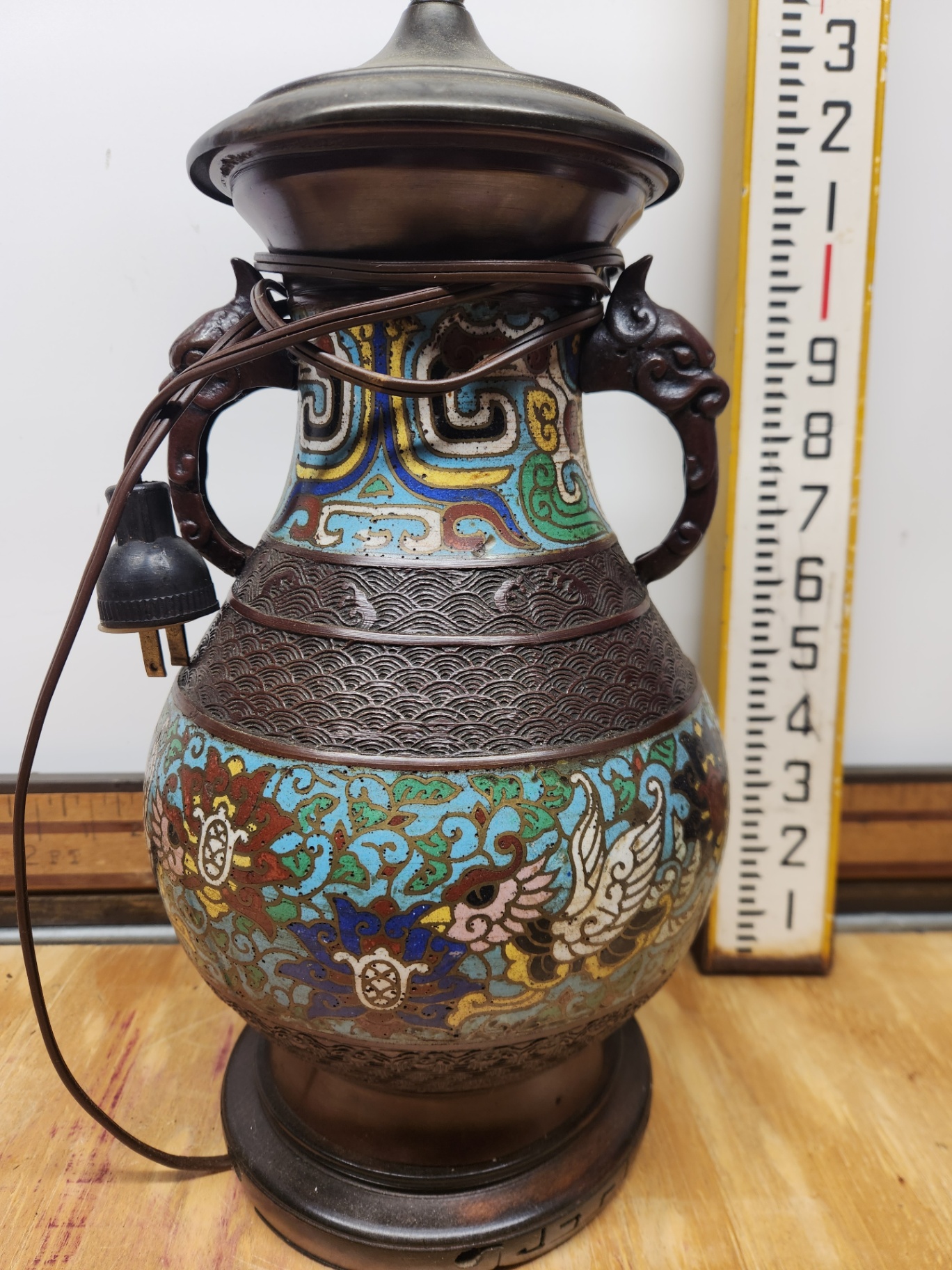 Antique Cloisonne Champleve Enamel Lamp With Figural Handles - image 5 of 11