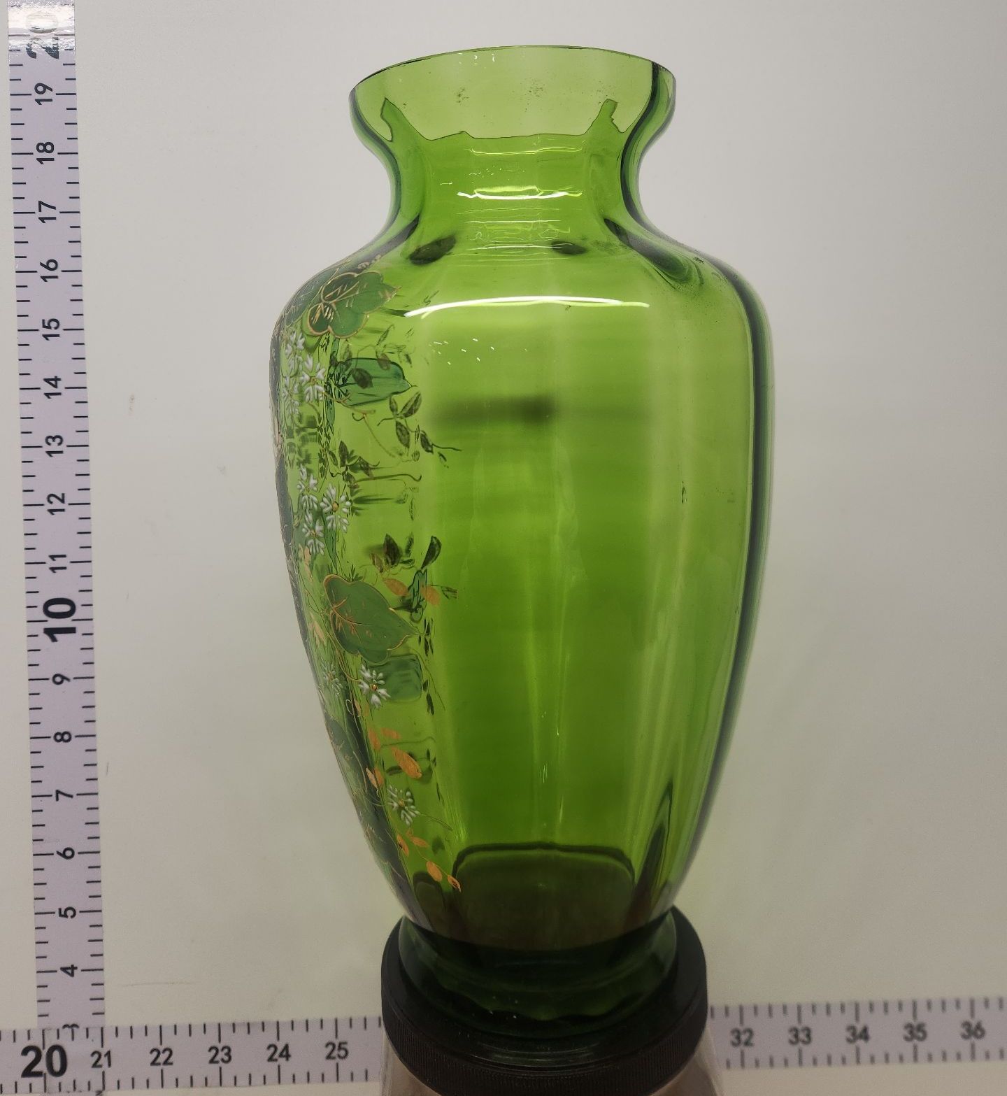 VICTORIAN ERA FLORAL GILDED ENAMEL GREEN BOHEMIAN OPTIC ART GLASS VASE - image 6 of 8