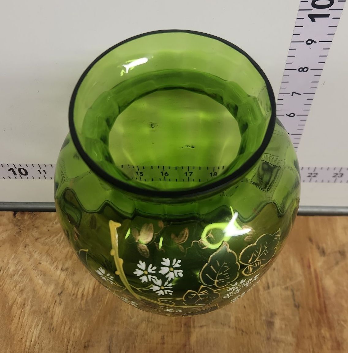 VICTORIAN ERA FLORAL GILDED ENAMEL GREEN BOHEMIAN OPTIC ART GLASS VASE - image 2 of 8