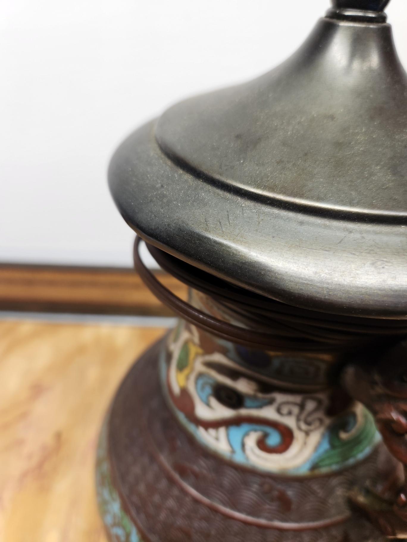 Antique Cloisonne Champleve Enamel Lamp With Figural Handles - image 11 of 11